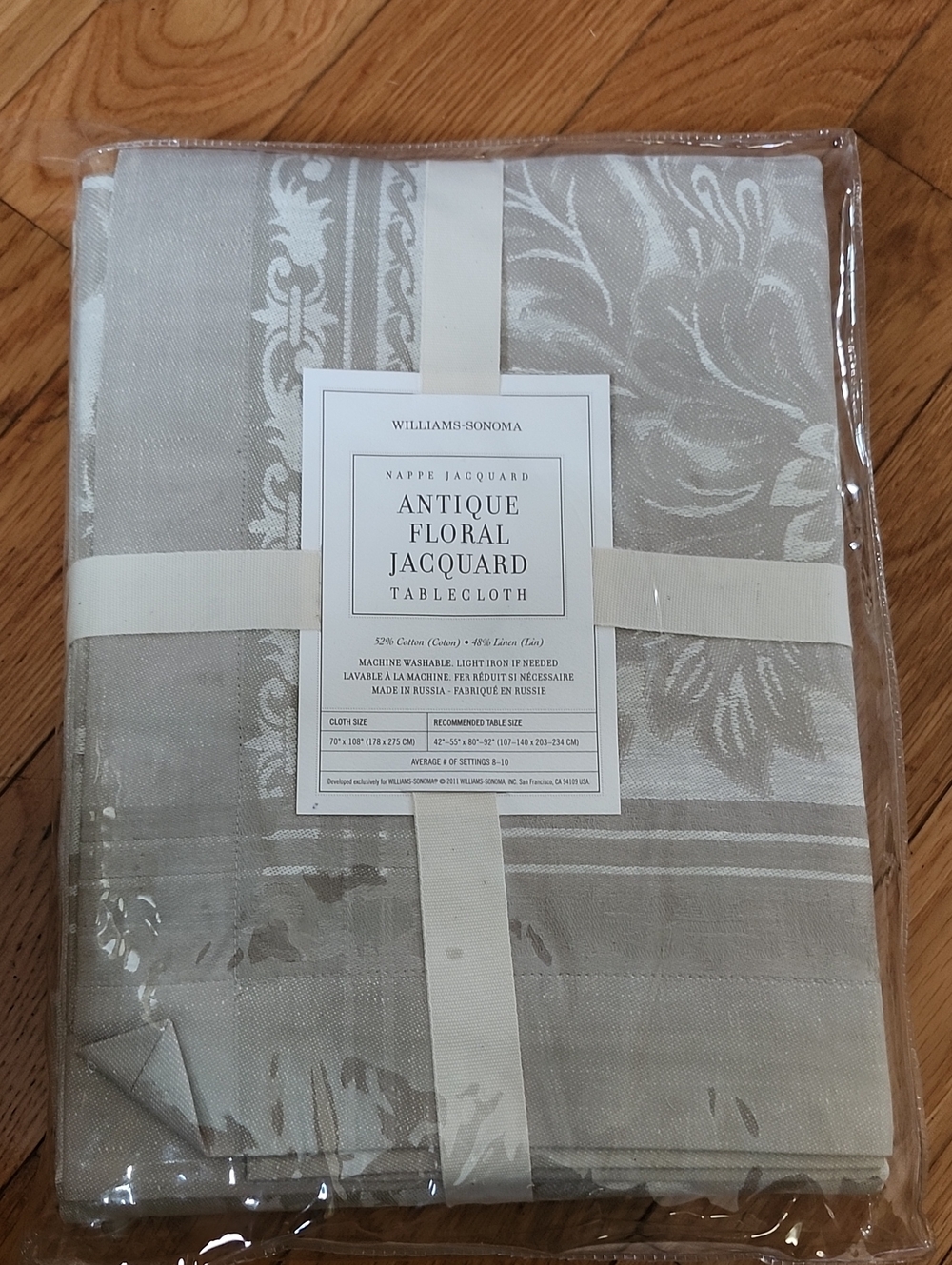 Williams Sonoma Floral Jacquard Tablecloth Beige Damask 70"x108" Cotton Linen